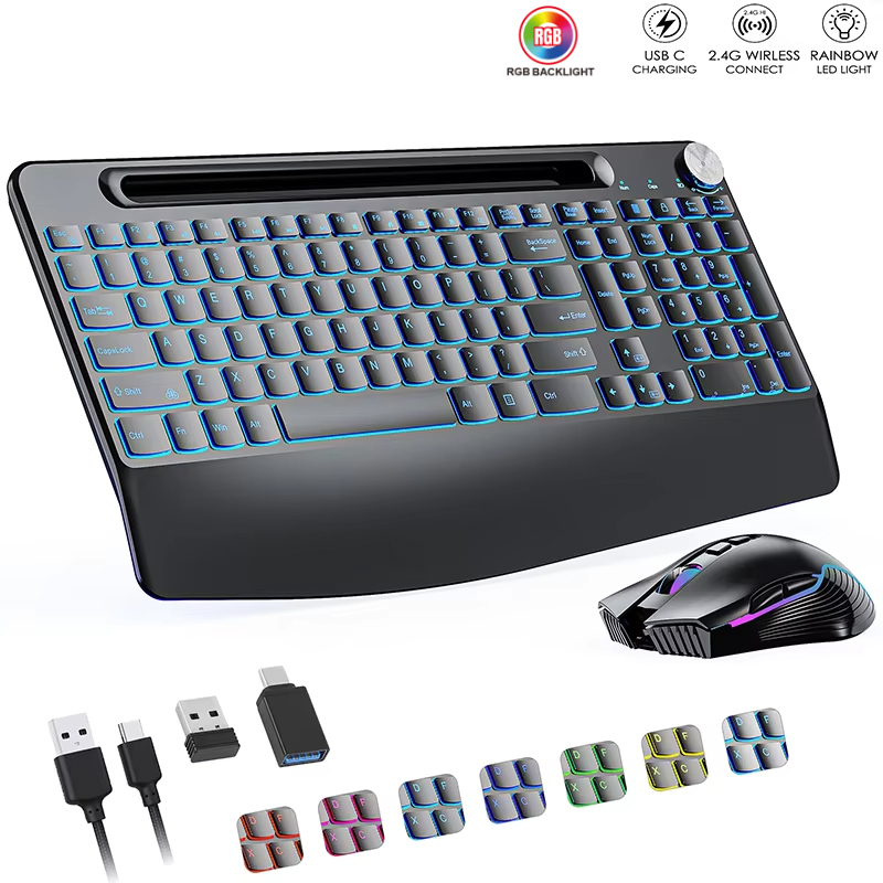 Gaming Keyboard Types - ワイヤレスキーボードとマウスのセットCタイプ,リストレスト付き,RGBバックライト,PC,ラップトップ,ウィンドウ,ジグラー用の充電式サイレントセット,2.4g