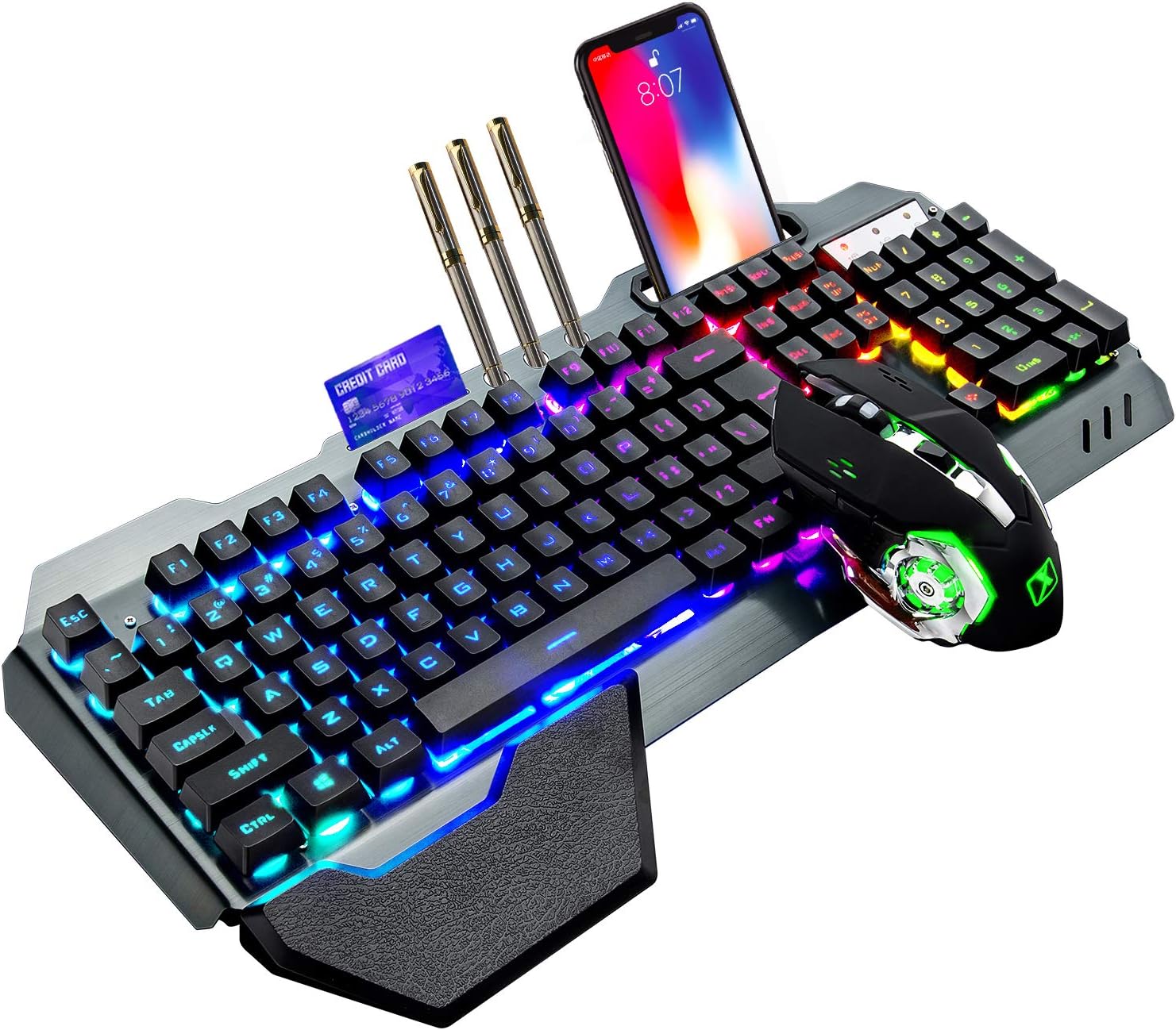Gaming Keyboard Mouse Set - K680ワイヤレスゲーミングキーボードとマウスの組み合わせ、レインボーLEDバックライト付きキーボード、充電式3800mAhバッテリー、金属パネル